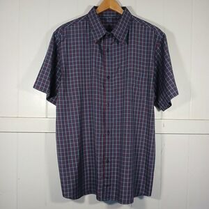 Vintage Rusty Surf Skate Button Up Shirt Mens XL Blue Red Plaid Short Sleeve